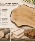 Image of Paulownia wood, showcasing natural grain, lightweight texture, and different finishes for rustic decor.
