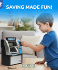 Child using Kid Friendly Mini ATM Piggy Bank With Code Lock, Electronic Digital Money Counter And LCD Display in living room.