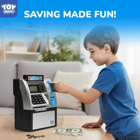 Child using Kid Friendly Mini ATM Piggy Bank With Code Lock, Electronic Digital Money Counter And LCD Display in living room.