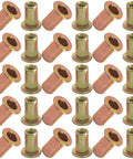 100 Piece Pack Of 10-32 Rivet Nuts Crafted From Heavy Duty Zinc Plated Carbon Steel Plus A Knurled Flat Head Design in a bulk arrangement.