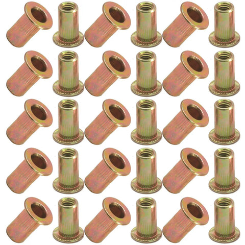 100 Piece Pack Of 10-32 Rivet Nuts Crafted From Heavy Duty Zinc Plated Carbon Steel Plus A Knurled Flat Head Design in a bulk arrangement.