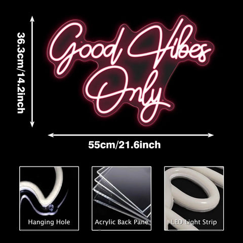 Good Vibes Only LED Neon Sign Light Wall Art with dimensions and material details, home pub club party Christmas decor.