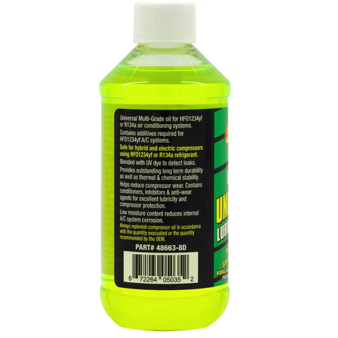 Heavy Duty POE Compressor Oil Runs Slick In Electric And Hybrid Air Conditioning Systems Including UV Leak Detecting Dye Compatible With 1234YF And R134A Refrigerants Keeps Your Cooling Setup Tight And Reliable In An Eight Ounce Bottle, showing back label with instructions.