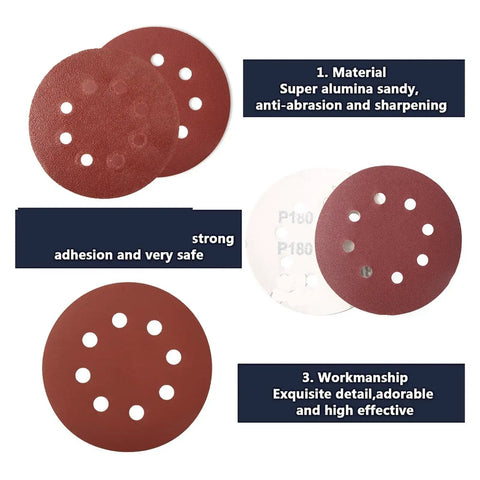 Awesome 100 Piece Sandpaper Set With 125Mm Hook Loop Discs Ranging From Rough 80 Grit To Ultra Smooth 3000 Grit showing red vacuum holed discs.
