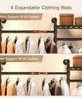 Industrial Pipe Wall Mounted Garment Rack With Walk In Closet System, Four Expandable Rods And Six Adjustable Shelves detail