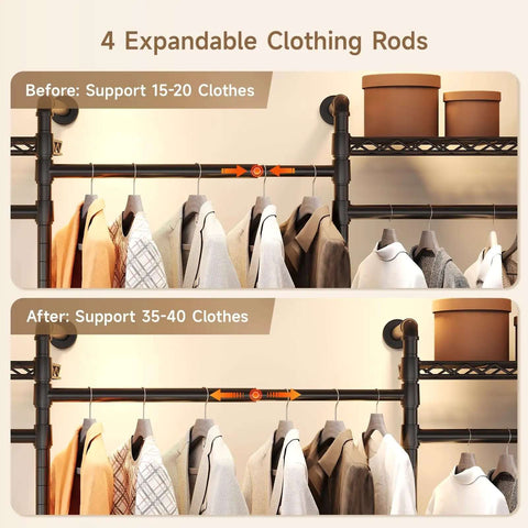 Industrial Pipe Wall Mounted Garment Rack With Walk In Closet System, Four Expandable Rods And Six Adjustable Shelves detail