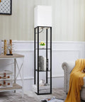 Cool Modern Floor Lamp With Shelves And Three Color LED Bulbs, Sturdy Wood Frame Floor Lamp, sleek black finish, living room setup