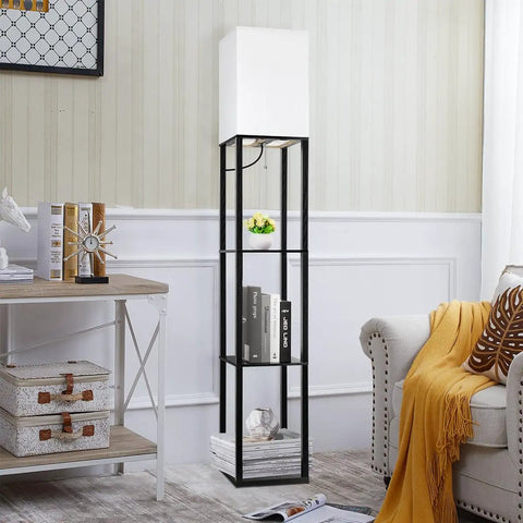 Cool Modern Floor Lamp With Shelves And Three Color LED Bulbs, Sturdy Wood Frame Floor Lamp, sleek black finish, living room setup