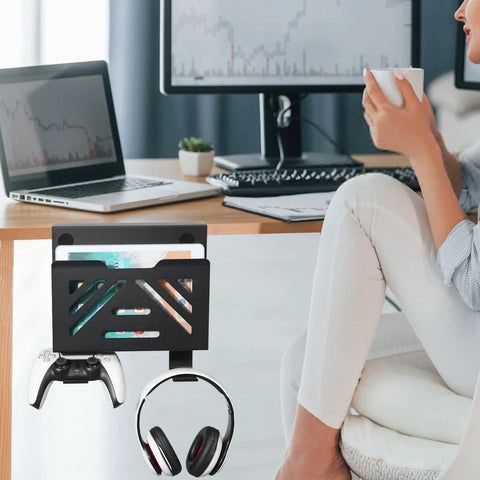Under Desk Laptop Mount And Side Hanging File Organizer with computer and accessories near a desk and person drinking coffee.
