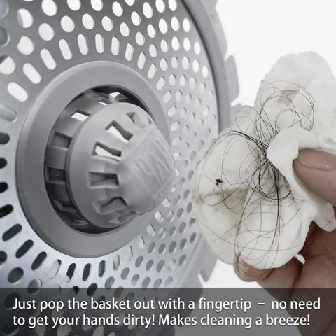 Two Pack Stainless Steel Drain Hair Catcher For Bathtub And Shower showing a close-up of mesh with hair being removed by hand