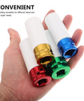 Ditch The Guesswork With These 4pc Drive Lug Nut Sockets That Protect Your Rims Like A Boss. Colorcoded Impact Non-Marring Deep Thin Wall Sockets Make Wheel Repair And Tire Maintenance A Total Breeze For Any Car Owner Looking To Save Serious Cash Today., 4-piece color-coded deep thin wall lug nut socket set in hand, white sleeves with red, gold, green, and blue ends