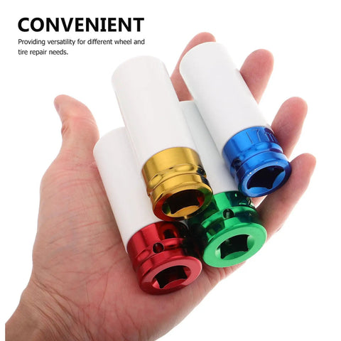 Ditch The Guesswork With These 4pc Drive Lug Nut Sockets That Protect Your Rims Like A Boss. Colorcoded Impact Non-Marring Deep Thin Wall Sockets Make Wheel Repair And Tire Maintenance A Total Breeze For Any Car Owner Looking To Save Serious Cash Today., 4-piece color-coded deep thin wall lug nut socket set in hand, white sleeves with red, gold, green, and blue ends