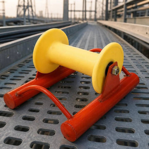 Cable Guide Wheel Pro Grade Wire Pulley Roller For Electricians, Heavy Duty Aluminum Wheel With Grooved Roller, Central Shaft, Clamp And Pipe Socket, Straight Running Pulley For Smooth Wire Routing And Pulling on red frame