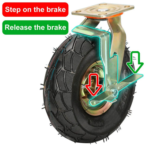 Heavy Duty Pneumatic Rubber Caster Set Featuring Smooth Swivel Brake Options showing brake mechanism and 10 inch wheel for utility carts.