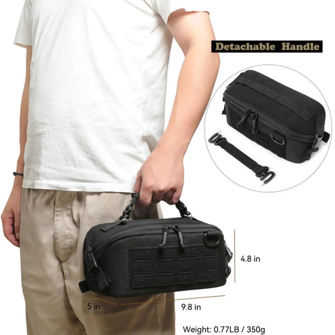Person holding wide opening tactical pouch for men with full access design, black, 1000D nylon, detachable handle, 9.8x4.8x5 in