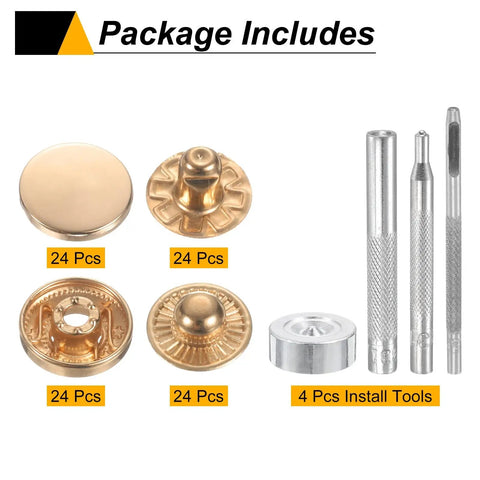 Badass 24 Pack Gold Brass Snap Buttons With 4 Heavy Duty Setting Pliers for Hella Tough Leather Jackets Bags and Marine Canvas Outerwear Sewing Repair Kits, includes 24 pcs buttons and 4 installation tools.