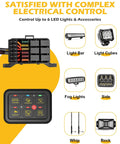 Image showing Beefy Six Gang Switch Panel with Electronic Relays for DC12V Systems controlling multiple LED light setups including light bar and cubes.