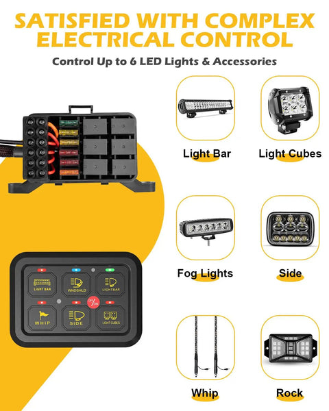 Image showing Beefy Six Gang Switch Panel with Electronic Relays for DC12V Systems controlling multiple LED light setups including light bar and cubes.
