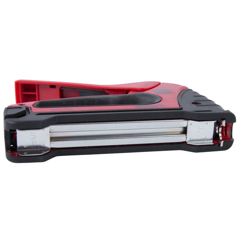 Heavy Duty Cable Boss Staple Gun Pro Grade For NM Coax And Low Voltage Wiring Ergonomic Handle, side view in red.