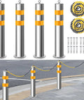 Rock Solid 4 Pack Stainless Steel Parking Bollards With Heavy Duty Barrier Chains Hella Tough For Outdoor Security Posts Driveway Protection And Garage Entry, featuring four stainless steel posts with yellow stripes.