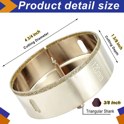 Heavy Duty Diamond Hole Saw Kit 4.75 Inch With Removable Pilot Bit for Marble Granite Ceramic Tiles, detail size view