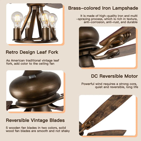 Farmhouse Ceiling Fan With Light And Remote Control 52 Inch Brown Industrial Style Ceiling Fan With 5 Reversible Wooden Blades Details