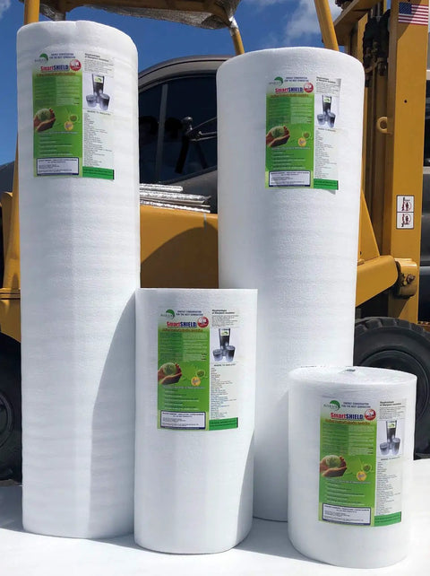 Heavy Duty Three Millimeter Foam Core Radiant Barrier Roll blocks summer heat, white vinyl surface for thermal insulation.