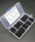 500 Piece M3 Self Tapping Screw Assortment Kit With Sturdy Storage Case displaying assorted black zinc plated screws in a clear box.