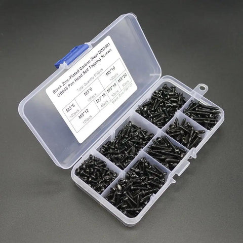 500 Piece M3 Self Tapping Screw Assortment Kit With Sturdy Storage Case displaying assorted black zinc plated screws in a clear box.