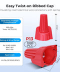 Infographic of Red Winged Wire Connectors Nuts Pack Of 1000 For Quick Twist On Electrical Wire Ends Caps DIY Friendly 18-8 AWG Compatible showing specifications and dimensions