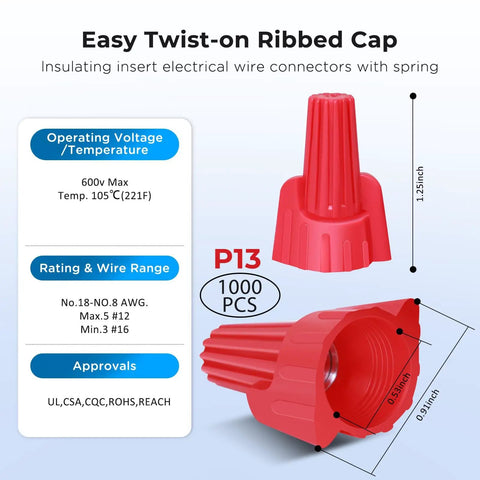 Infographic of Red Winged Wire Connectors Nuts Pack Of 1000 For Quick Twist On Electrical Wire Ends Caps DIY Friendly 18-8 AWG Compatible showing specifications and dimensions