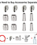 Two Pairs Ball Lock Quick Disconnect Set With 5/16 Gas And 1/4 Liquid Barbs, MFL Swivel Nuts For Easy Hose Changes, Ideal Upgrade For Cornelius Kegging And Homebrew Keg Systems., stainless hose clamps, barb fittings, and disconnect parts laid out for homebrew keg setup
