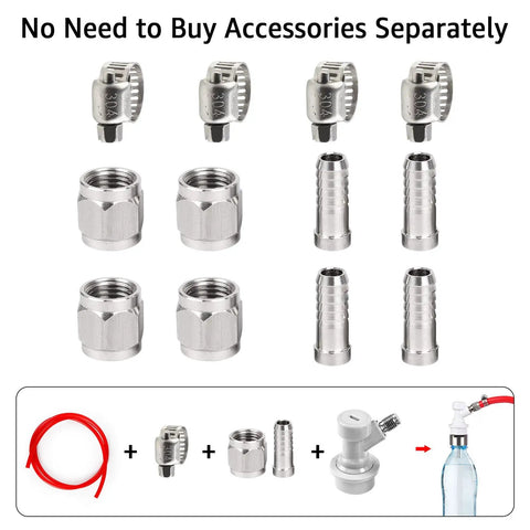 Two Pairs Ball Lock Quick Disconnect Set With 5/16 Gas And 1/4 Liquid Barbs, MFL Swivel Nuts For Easy Hose Changes, Ideal Upgrade For Cornelius Kegging And Homebrew Keg Systems., stainless hose clamps, barb fittings, and disconnect parts laid out for homebrew keg setup