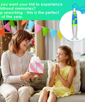 Mother and daughter smiling with a gift beside 13.8 Inch Liquid Motion Table Lamp With Green Wax In Blue Liquid Creates Chill Vibe Night Light
