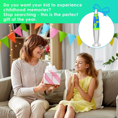 Mother and daughter smiling with a gift beside 13.8 Inch Liquid Motion Table Lamp With Green Wax In Blue Liquid Creates Chill Vibe Night Light