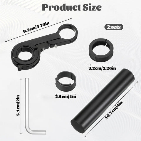 Two Pack Aluminum Bicycle Handlebar Extenders Brackets For Extra Mount Space On Most Bikes with hex wrench and brackets shown
