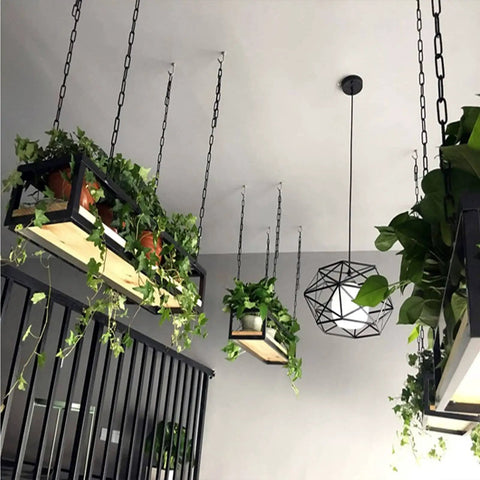 Industrial Wood And Iron Ceiling Hanging Shelf For Plants And Kitchen Storage Floating Guardrail Shelf with plants displayed.