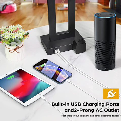 Set Of 2 Modern Touch Control Table Lamps With USB Ports For Nightstands, lamp base with charging ports in use