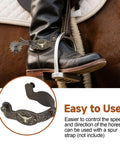 Western Cowboy Spurs For Men And Women Vintage Bronze Look Low Carbon Steel With Hand Carved Details on boot in stirrup