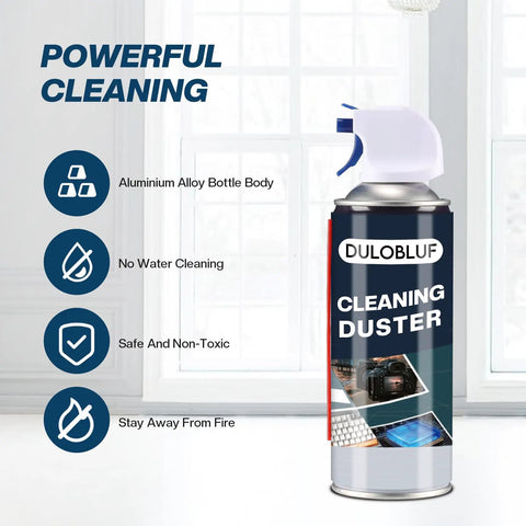 Go To Compressed Air Duster For Keyboard And Electronics Laptop And PC Cleaning Blower Dust Remover For Computers Cars Cameras And More Quick Mess Free Cleanup Easy To Use displayed in can with aluminum body