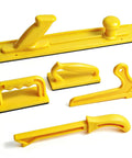 Heavy Duty Push Block And Push Stick Set For Table Saws Router Tables Band Saws displayed with five yellow tools on white background.