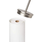 Portaloo Toilet Paper Stand And Reserve With Built In Tray In White Nickel Finish Slick Chrome Accents, top view with lid