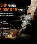 Hella Tough 15 Horsepower Pneumatic Mini Air Belt Sander generating 18000 RPM torque, used for weld cleanup and deburring.