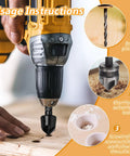 Five Flute Countersink Drill Bit Set For Wood And Plastic used in a power drill for chamfering and deburring wood surface.