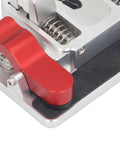 Close-up of Helping Hands Soldering Station With Double Clamp Design showing aluminum base and red ceramic clamp.