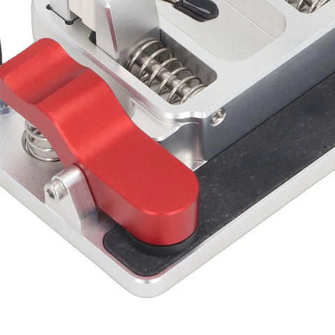 Close-up of Dual Rod Third Hand Soldering Station Clamp with 12mm opening, showing aluminum base and red lever handle.