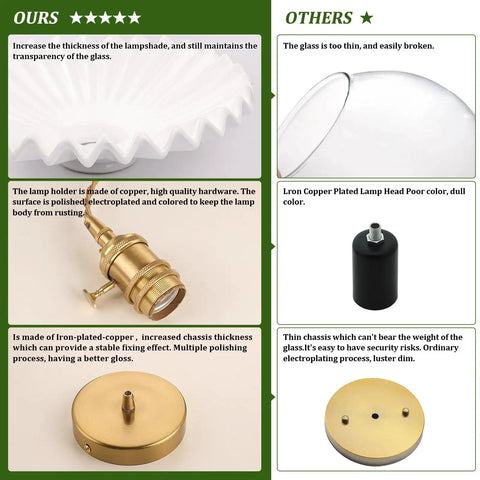 Comparison of white pleated ceramic shade and brass hardware features for Vintage Pendant Light with clear glass