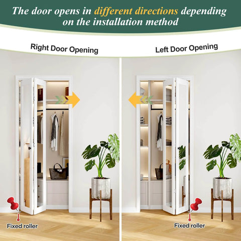 Bifold Door For 30x80 Opening With Double 15x80 Panels And Mirror Lites, Interior Bi Fold Barn Doors With Concealed Hardware Kit, White PVC Surface