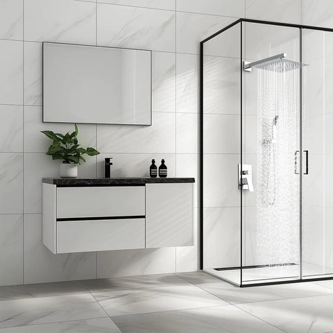 Luxury 12 Inch Square Stainless Steel Shower Head With High Pressure Rainfall Ultra Thin Design in a modern bathroom setup.