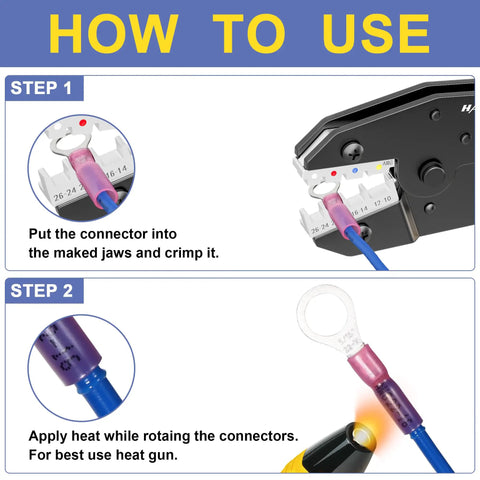 Must-Have Crimping Tool HS-8327 demonstrating heat shrink connectors usage with instructions in two steps, marine grade kit